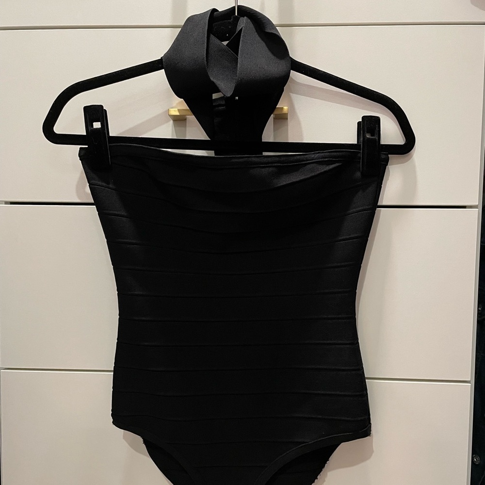 Misguided Size 6 Black Ribbed Bodysuit with Zipper Back and Neck Detail